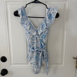 Whitney Simmons / Toluca Swim Floral Ruffle Swimsuit with ties